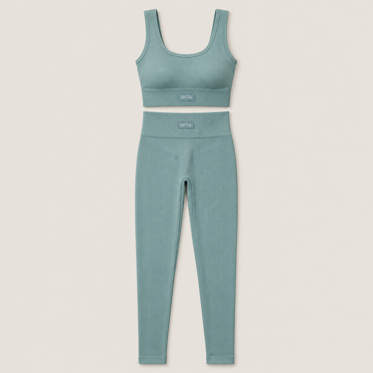 Sea Foam Green Legging/Bra Set on a smooth neutral studio background