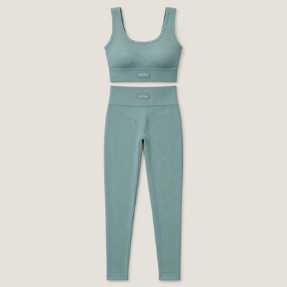 Sea Foam Green Legging/Bra Set on a smooth neutral studio background
