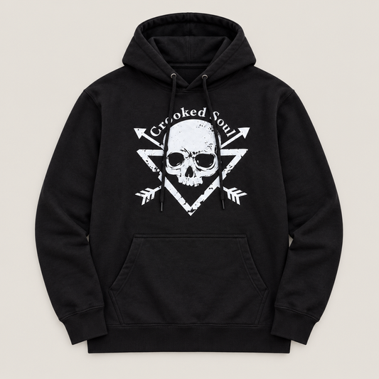 Crooked Soul Black Hoodie centered full garment studio photograph