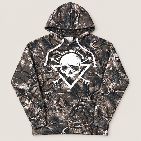 Forest Camo Crooked Soul Hoodie centered full garment studio photograph